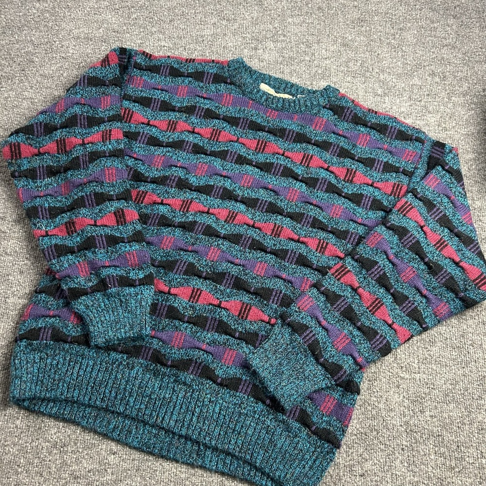 Vintage Sweater Mens Large Multicolor Geometric Knit Crewneck 80s